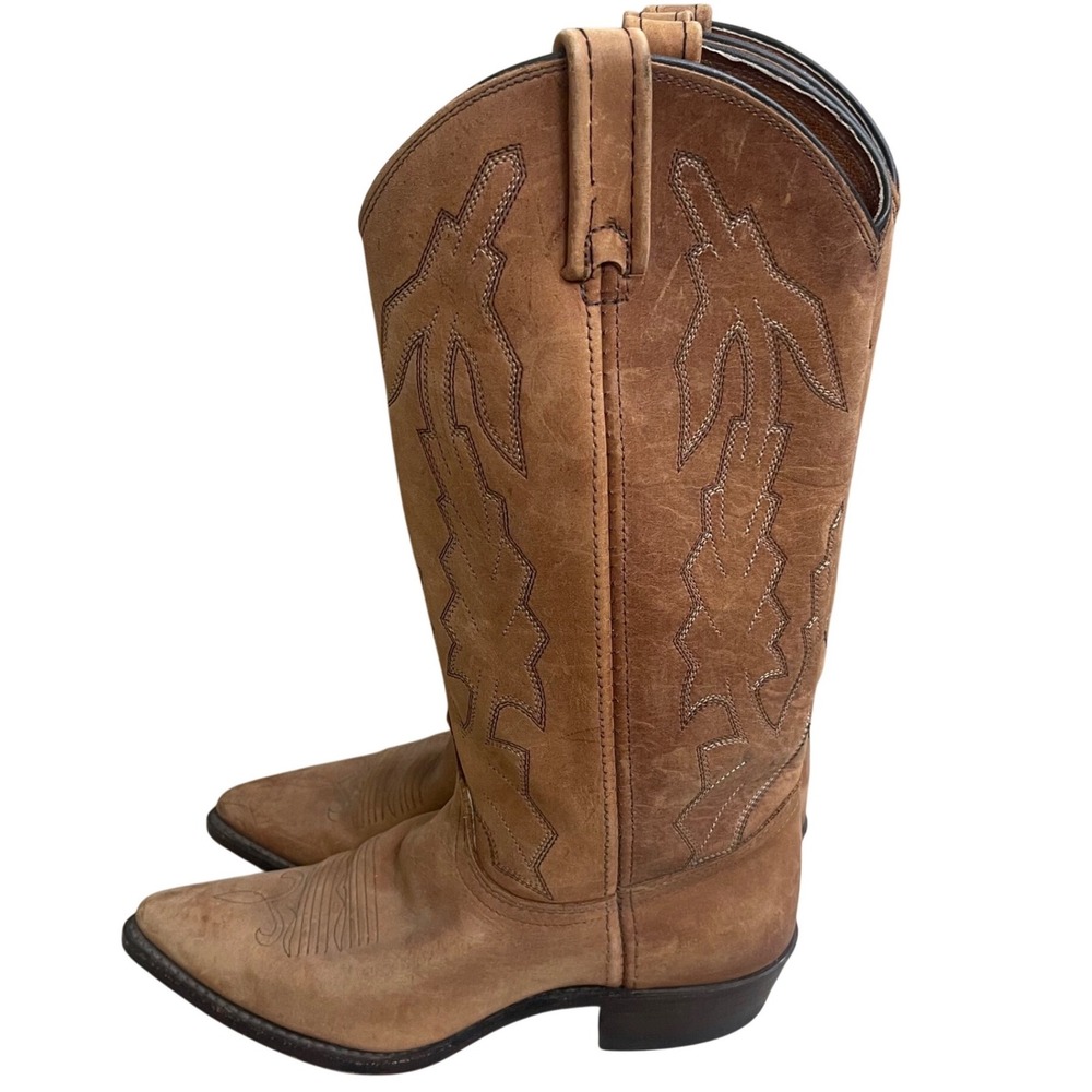VTG Dan Post Marlboro Tan Leather WOMENS Western Cowboy Boots Pointed Toe 7.5